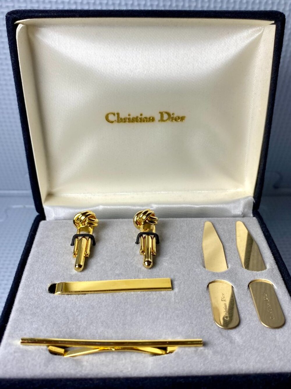 Archival Vintage CHRISTIAN DIOR Gold Cufflinks Tie Clips Collar Stays Gift NIB